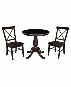 International Concepts 30 Round Top Pedestal Dining Table With 2 X-Back Chairs, 3 Piece Dining Set