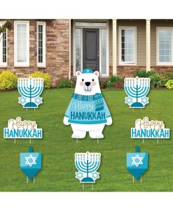 Big Dot Of Happiness Ukkah Bear - Lawn Decor - Chanukah Holiday Sweater Yard Signs - Set Of 8