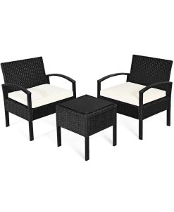 Costway 3PCS Patio Rattan Furniture Set Table & Chairs Set With Cushions Outdoor