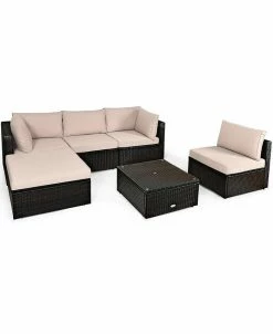 Costway 6PCS Outdoor Patio Rattan Furniture Set Cushioned Sectional Sofa Ottoman