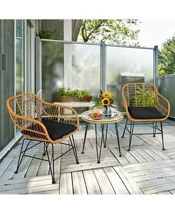 Costway 3PCS Patio Rattan Bistro Furniture Set Cushioned Chair Table 4 Costway 3PCS Patio Rattan Bistro Furniture Set Cushioned Chair Table - Image 2
