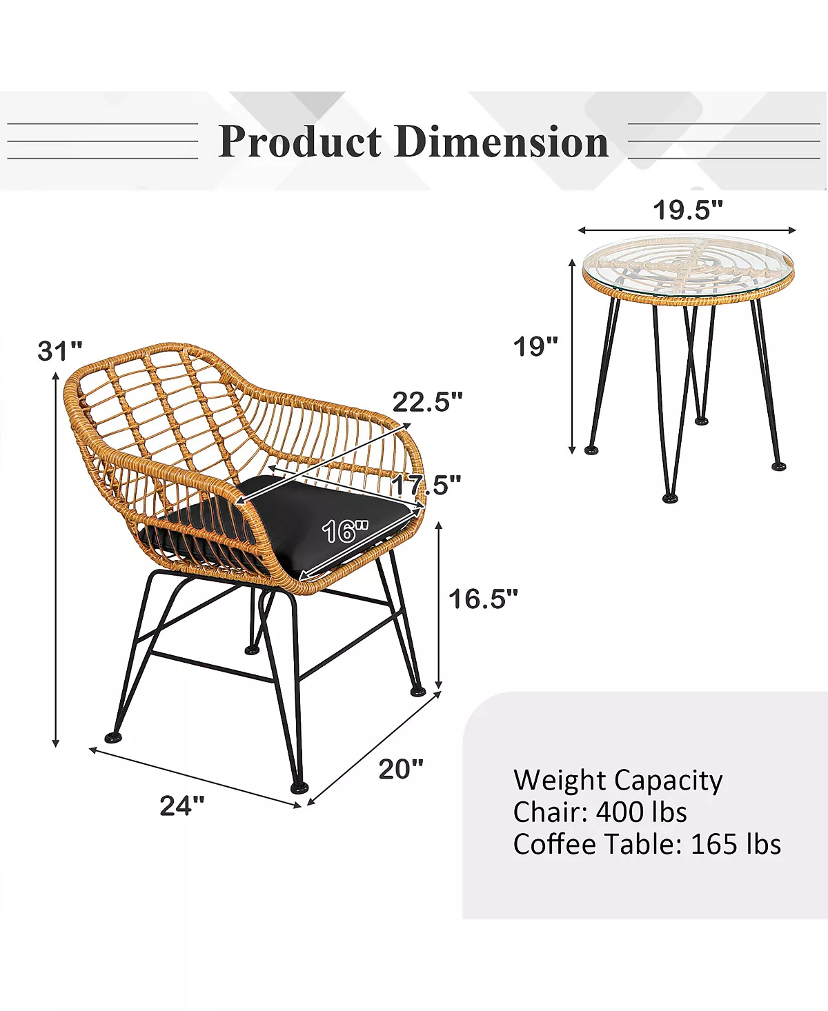 Costway 3PCS Patio Rattan Bistro Furniture Set Cushioned Chair Table 5 Costway 3PCS Patio Rattan Bistro Furniture Set Cushioned Chair Table - Image 3