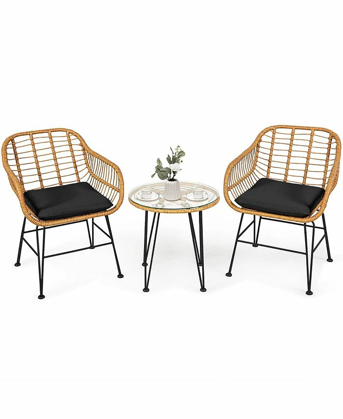 Costway 3PCS Patio Rattan Bistro Furniture Set Cushioned Chair Table 3 Costway 3PCS Patio Rattan Bistro Furniture Set Cushioned Chair Table