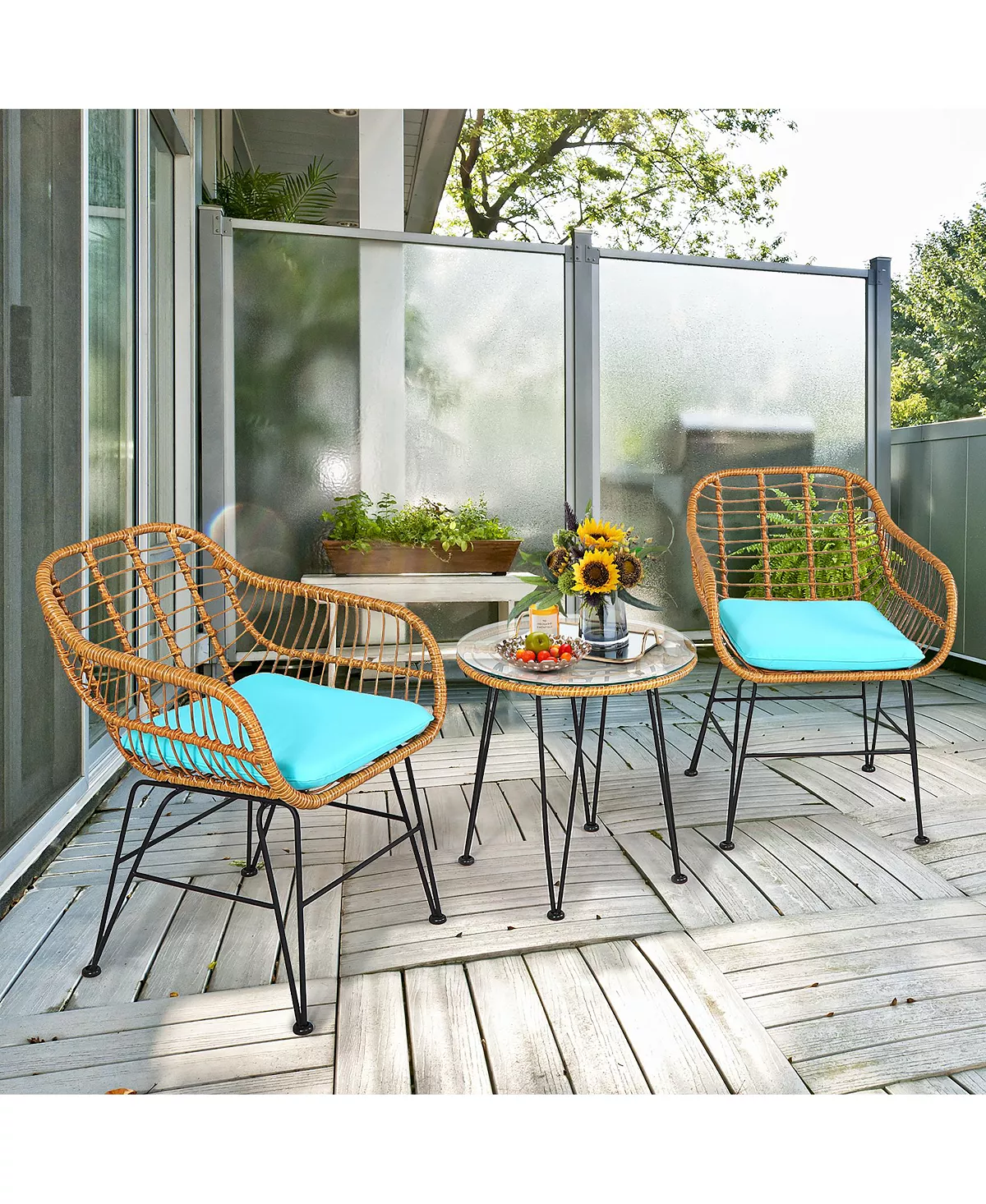 Costway 3PCS Patio Rattan Bistro Furniture Set Cushioned Chair Table 7 Costway 3PCS Patio Rattan Bistro Furniture Set Cushioned Chair Table - Image 5