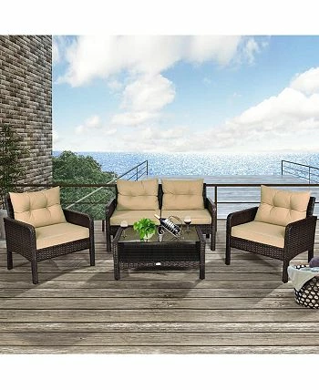 Costway 4PCS Patio Rattan Furniture Set Loveseat Sofa Coffee Table Garden 4 Costway 4PCS Patio Rattan Furniture Set Loveseat Sofa Coffee Table Garden - Image 2