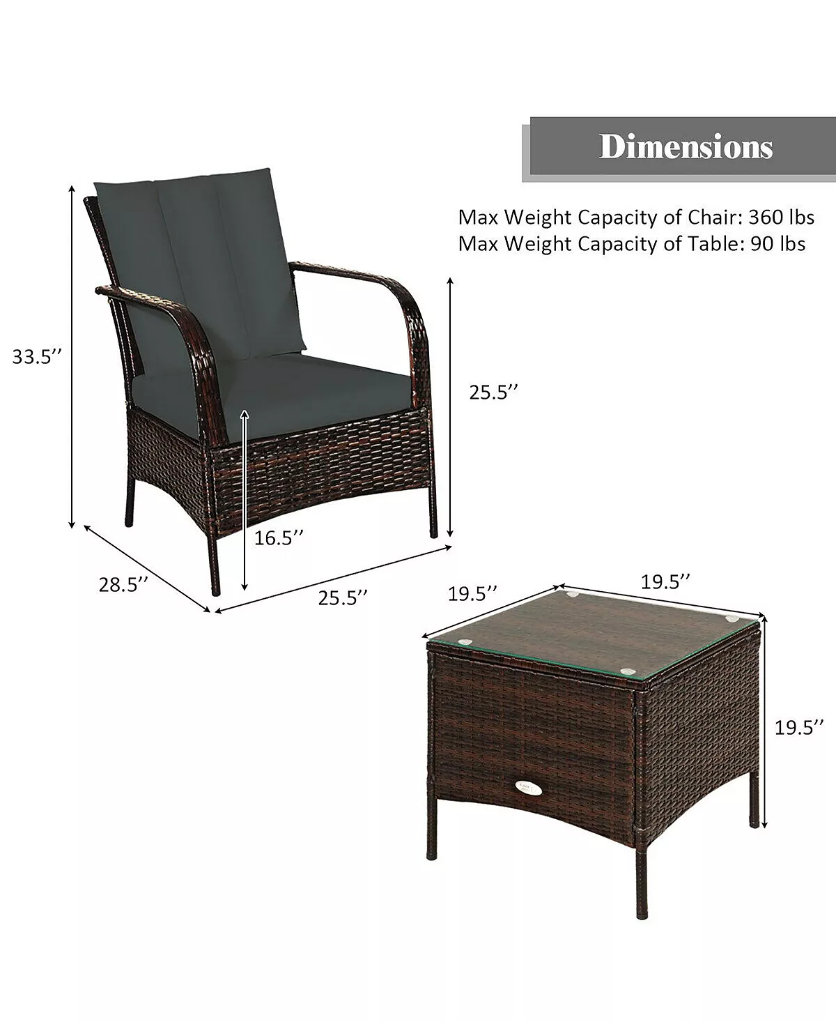 Costway 3 PCS Patio Rattan Furniture Set Coffee Table & 2 Rattan Chair 5 Costway 3 PCS Patio Rattan Furniture Set Coffee Table & 2 Rattan Chair - Image 3