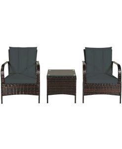 Costway 3 PCS Patio Rattan Furniture Set Coffee Table & 2 Rattan Chair