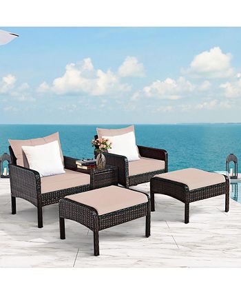 5 PCS Rattan Wicker Furniture Set Sofa Ottoman W/Brown Cushion Patio Garden Yard Costway 5 PCS Rattan Wicker Furniture Set Sofa Ottoman W/Brown Cushion Patio Garden Yard -Costway Shop