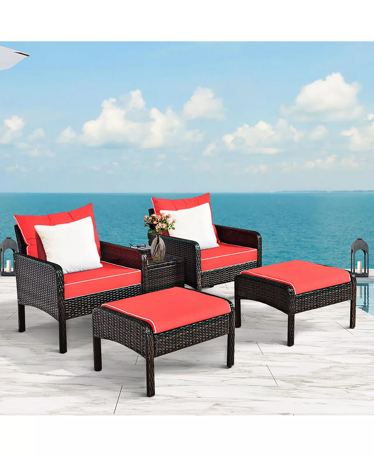 Costway 5 PCS Rattan Wicker Furniture Set Sofa Ottoman W/Brown Cushion Patio Garden Yard 5 Costway 5 PCS Rattan Wicker Furniture Set Sofa Ottoman W/Brown Cushion Patio Garden Yard - Image 3