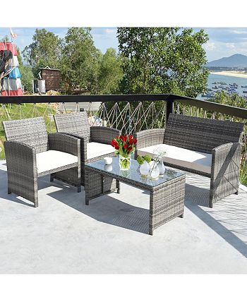 4PCS Patio Rattan Furniture Set Conversation Glass Table Top Cushioned Sofa Costway 4PCS Patio Rattan Furniture Set Conversation Glass Table Top Cushioned Sofa -Costway Shop