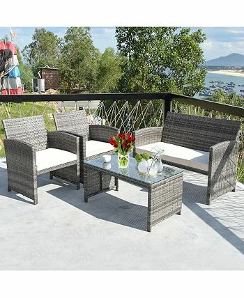 Costway 4PCS Patio Rattan Furniture Set Conversation Glass Table Top Cushioned Sofa 4 Costway 4PCS Patio Rattan Furniture Set Conversation Glass Table Top Cushioned Sofa - Image 2