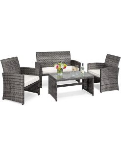 Costway 4PCS Patio Rattan Furniture Set Conversation Glass Table Top Cushioned Sofa