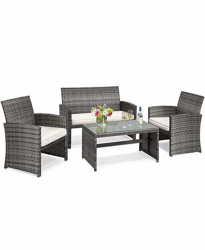 Costway 4PCS Patio Rattan Furniture Set Conversation Glass Table Top Cushioned Sofa 3 Costway 4PCS Patio Rattan Furniture Set Conversation Glass Table Top Cushioned Sofa