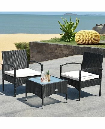Costway 3 PCS Furniture Set Table & 2 Chair Patio Wicker Rattan W/Cushion 4 Costway 3 PCS Furniture Set Table & 2 Chair Patio Wicker Rattan W/Cushion - Image 2