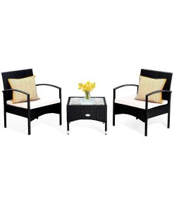 Costway 3 PCS Furniture Set Table & 2 Chair Patio Wicker Rattan W/Cushion