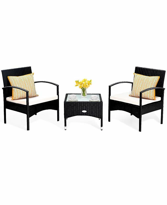 Costway 3 PCS Furniture Set Table & 2 Chair Patio Wicker Rattan W/Cushion 3 Costway 3 PCS Furniture Set Table & 2 Chair Patio Wicker Rattan W/Cushion