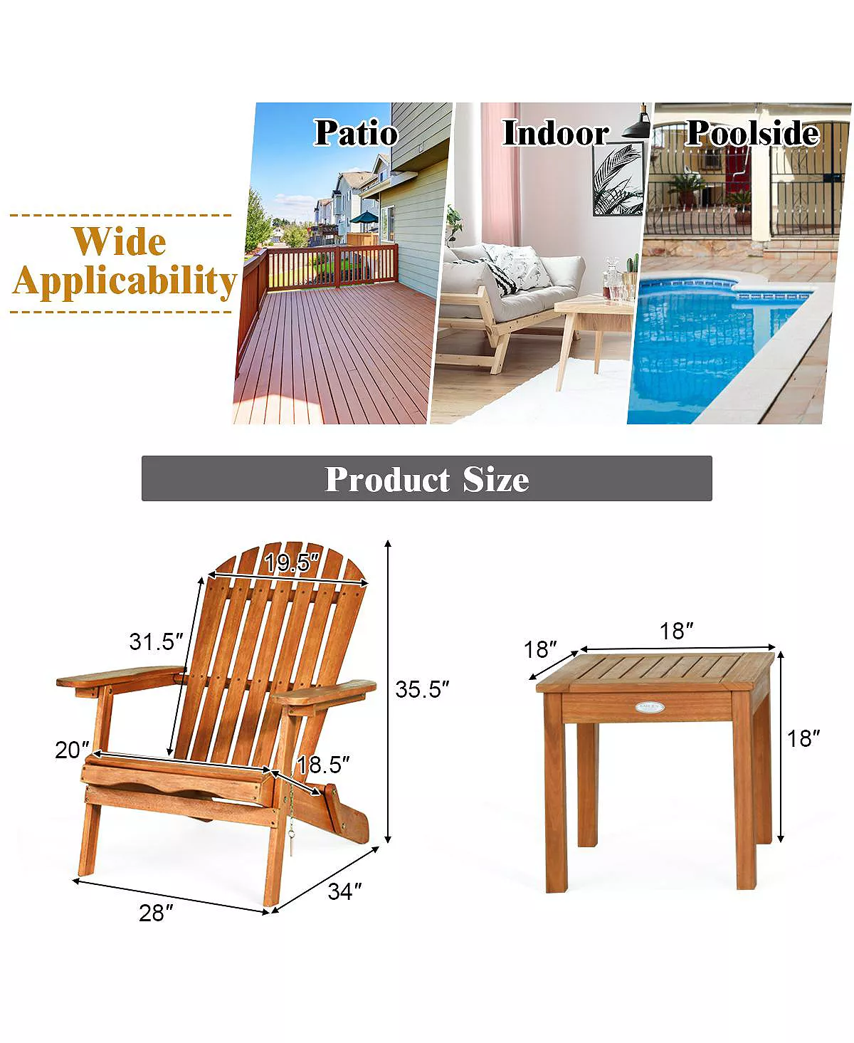 3PCS Patio Wooden Adirondack Chair Table Set Folding Seat Furniture Garden Costway 3PCS Patio Wooden Adirondack Chair Table Set Folding Seat Furniture Garden -Costway Shop