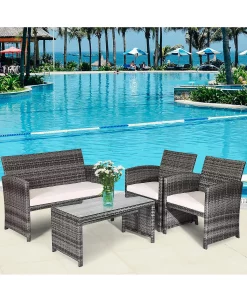 Costway 4PCS Patio Rattan Furniture Set Conversation Glass Table Top Cushioned Sofa -Costway Shop 23820898 fpx