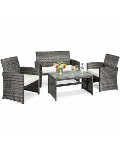 Costway 4PCS Patio Rattan Furniture Set Conversation Glass Table Top Cushioned Sofa
