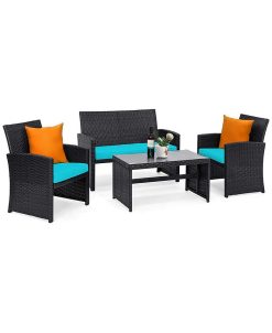 Costway 4PCS Patio Rattan Furniture Conversation Set Cushion Sofa Table Garden
