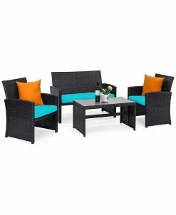 Costway 4PCS Patio Rattan Furniture Conversation Set Cushion Sofa Table Garden