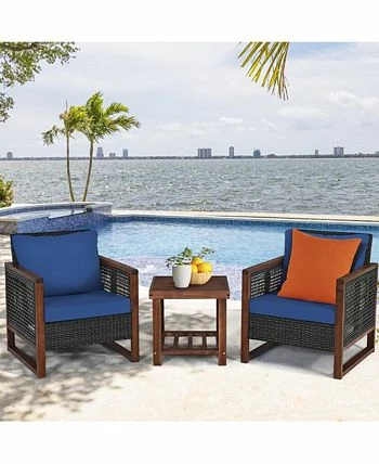 Costway 3PCS Patio Wicker Furniture Set Solid Wood Frame Cushion Sofa W/ Square Table Shelf 4 Costway 3PCS Patio Wicker Furniture Set Solid Wood Frame Cushion Sofa W/ Square Table Shelf - Image 2