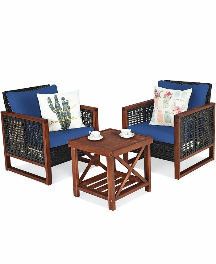 Costway 3PCS Patio Wicker Furniture Set Solid Wood Frame Cushion Sofa W/ Square Table Shelf 3 Costway 3PCS Patio Wicker Furniture Set Solid Wood Frame Cushion Sofa W/ Square Table Shelf