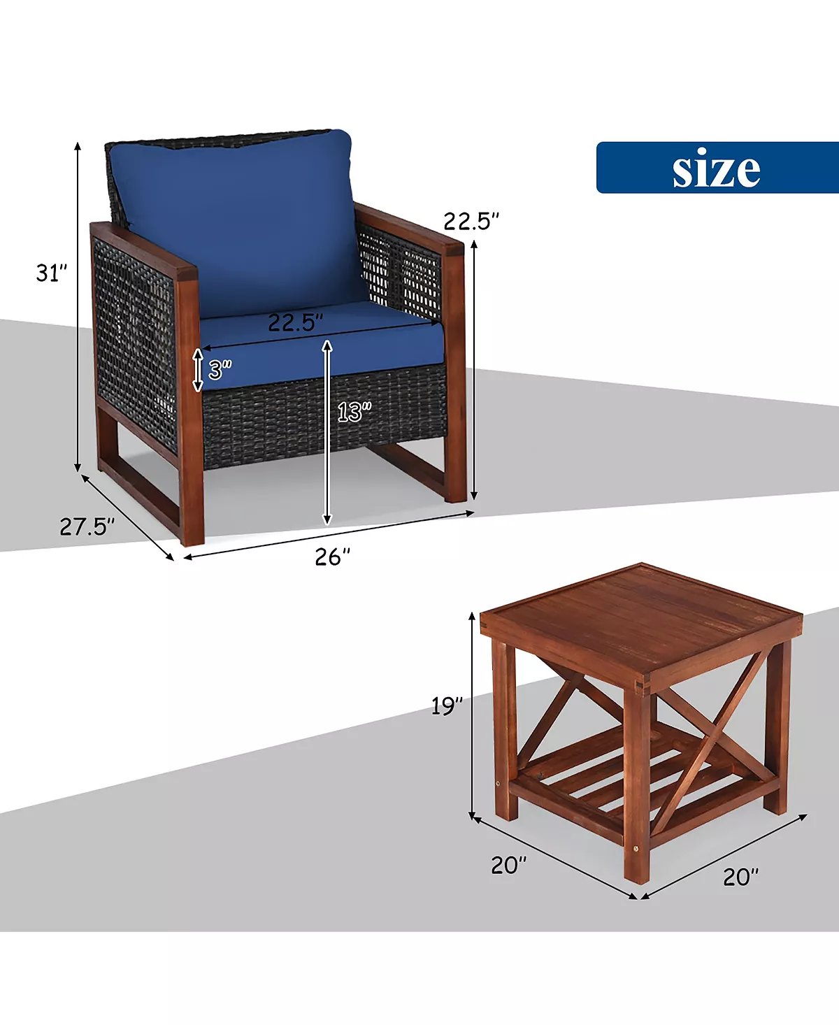 Costway 3PCS Patio Wicker Furniture Set Solid Wood Frame Cushion Sofa W/ Square Table Shelf 5 Costway 3PCS Patio Wicker Furniture Set Solid Wood Frame Cushion Sofa W/ Square Table Shelf - Image 3