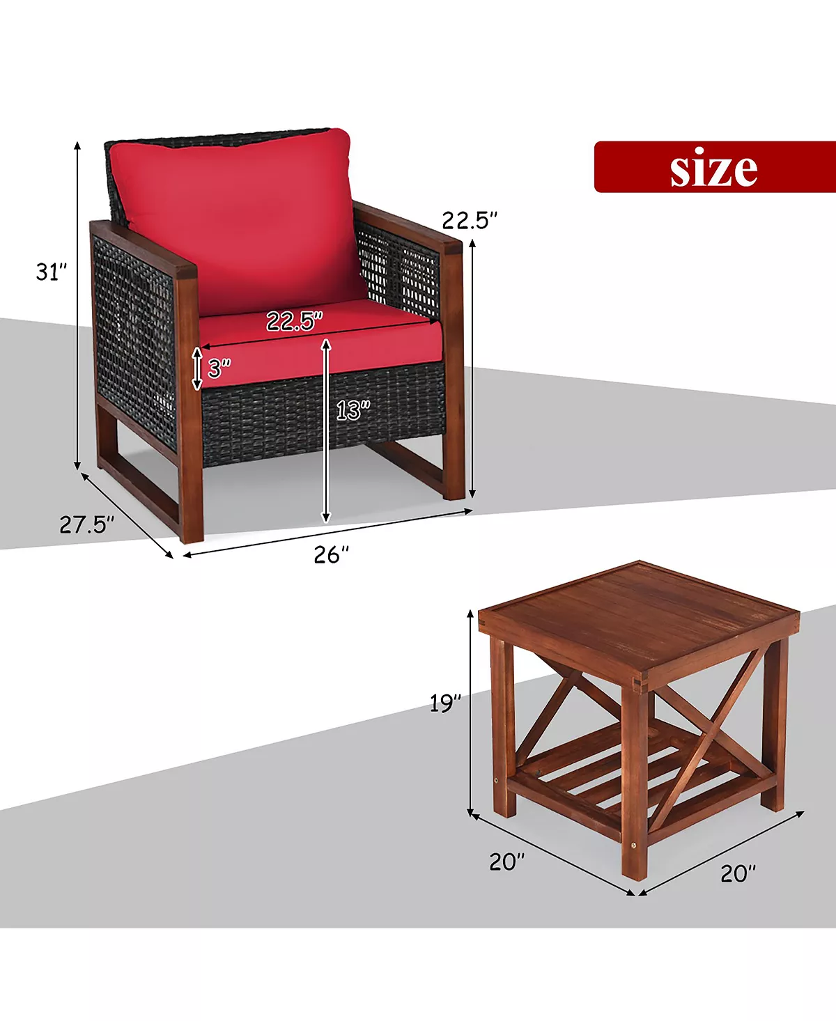 Costway 3PCS Patio Wicker Furniture Set Solid Wood Frame Cushion Sofa W/ Square Table Shelf 7 Costway 3PCS Patio Wicker Furniture Set Solid Wood Frame Cushion Sofa W/ Square Table Shelf - Image 5