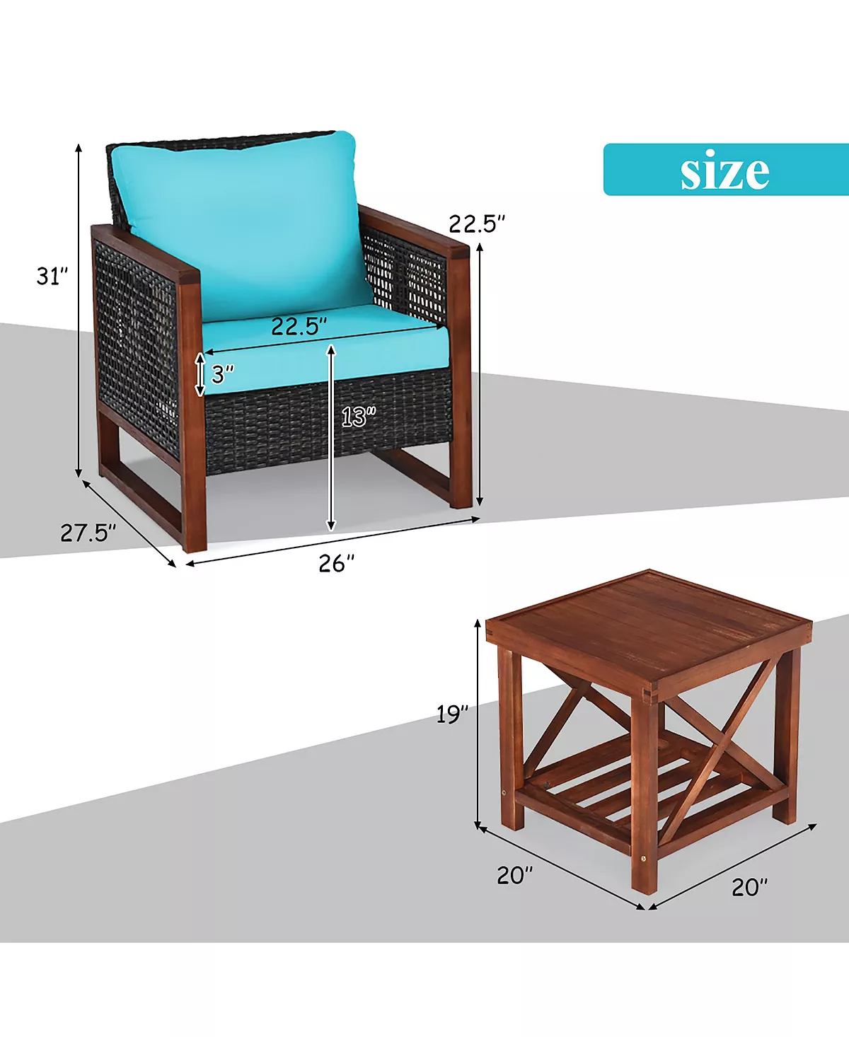 Costway 3PCS Patio Wicker Furniture Set Solid Wood Frame Cushion Sofa W/ Square Table Shelf 8 Costway 3PCS Patio Wicker Furniture Set Solid Wood Frame Cushion Sofa W/ Square Table Shelf - Image 6