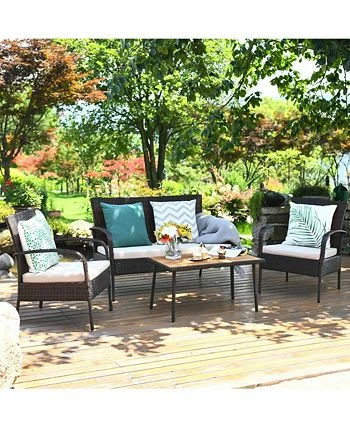 Costway 4PCS Patio Rattan Furniture Set Outdoor Conversation Set Coffee Table W/Cushions 4 Costway 4PCS Patio Rattan Furniture Set Outdoor Conversation Set Coffee Table W/Cushions - Image 2