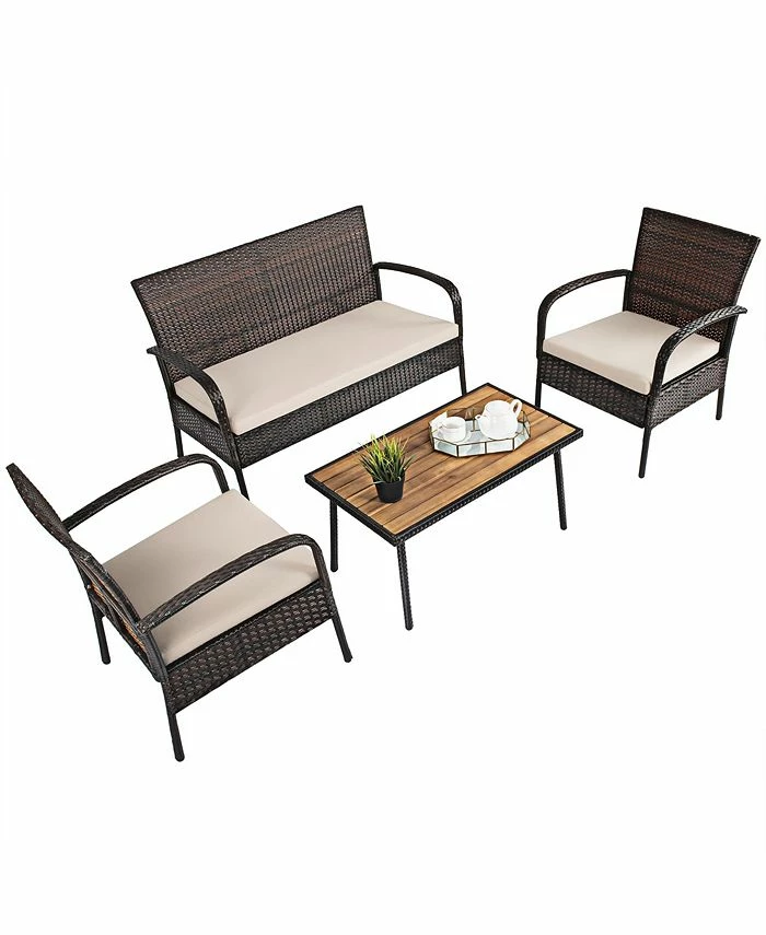 Costway 4PCS Patio Rattan Furniture Set Outdoor Conversation Set Coffee Table W/Cushions 3 Costway 4PCS Patio Rattan Furniture Set Outdoor Conversation Set Coffee Table W/Cushions