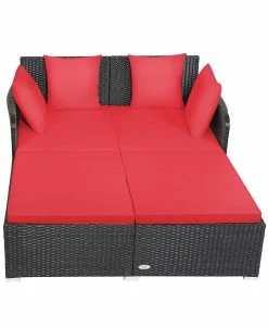 Costway Outdoor Patio Rattan Daybed Pillows Cushioned Sofa Furniture