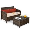 Costway 2PCS Patio Rattan Furniture Set Cushioned Loveseat Table Garden Deck