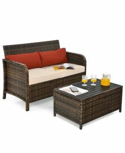 Costway 2PCS Patio Rattan Furniture Set Cushioned Loveseat Table Garden Deck