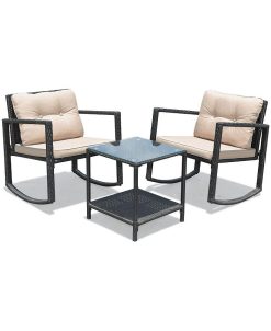 Costway 3PC Patio Rattan Conversation Set Rocking Chair Cushioned Sofa Garden Furniture