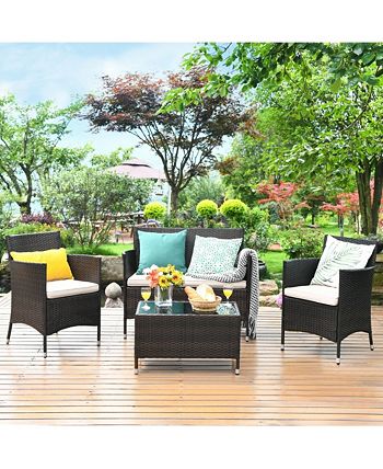 4PCS Rattan Patio Furniture Set Sofa Chair Coffee Table W/Cushion Outdoor Costway 4PCS Rattan Patio Furniture Set Sofa Chair Coffee Table W/Cushion Outdoor -Costway Shop