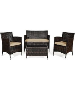 Costway 4PCS Rattan Patio Furniture Set Sofa Chair Coffee Table W/Cushion Outdoor