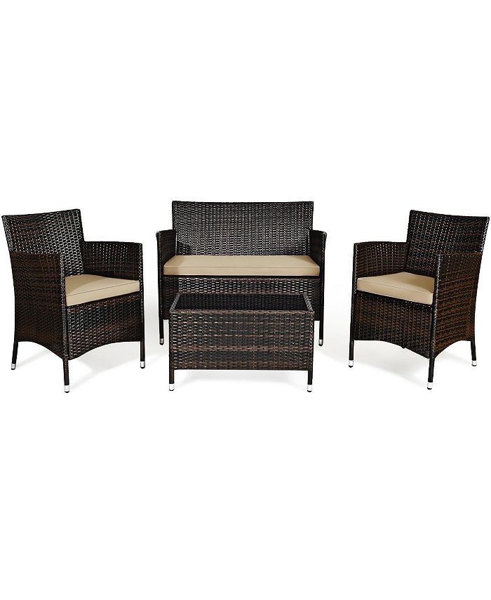 4PCS Rattan Patio Furniture Set Sofa Chair Coffee Table W/Cushion Outdoor Costway 4PCS Rattan Patio Furniture Set Sofa Chair Coffee Table W/Cushion Outdoor -Costway Shop