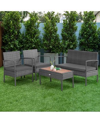 4PCS Patio Rattan Furniture Set Cushioned Chair Wooden Tabletop Costway 4PCS Patio Rattan Furniture Set Cushioned Chair Wooden Tabletop -Costway Shop