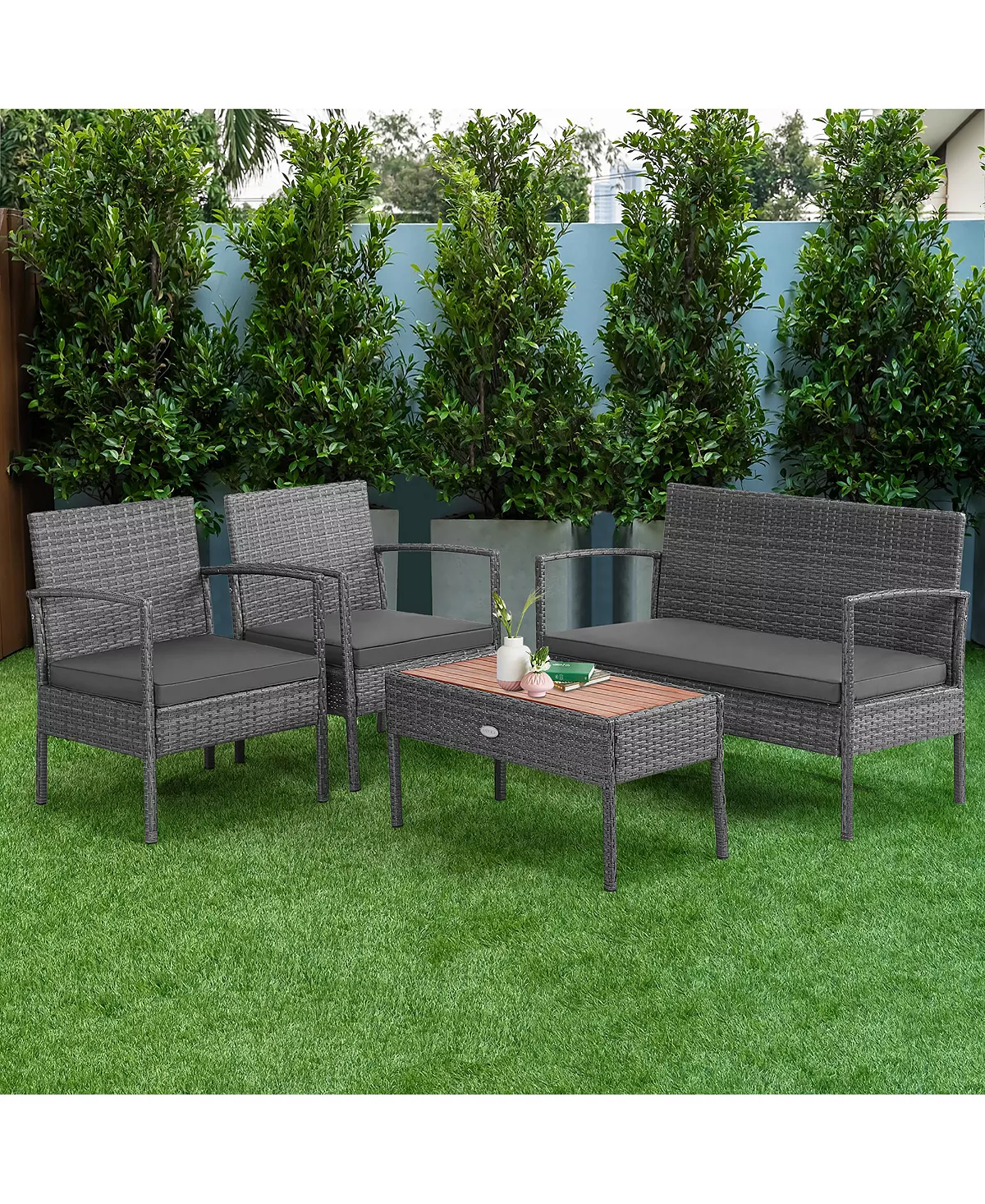 Costway 4PCS Patio Rattan Furniture Set Cushioned Chair Wooden Tabletop 5 Costway 4PCS Patio Rattan Furniture Set Cushioned Chair Wooden Tabletop - Image 3