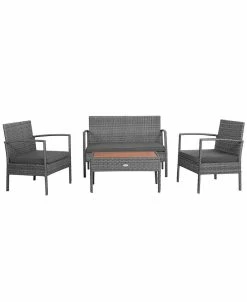 Costway 4PCS Patio Rattan Furniture Set Cushioned Chair Wooden Tabletop