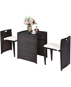 Costway 3PCS Outdoor Patio Rattan Furniture Set Space Saving Garden Deck W/Cushion No Assembly